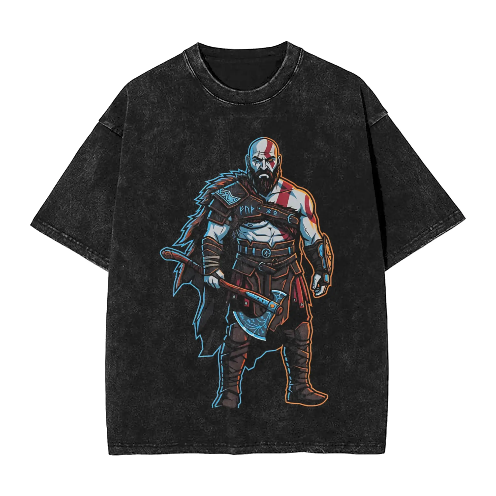 Kratos God of War Vector Gaming  Washed T Shirts Streetwear Hip Hop Cool T-Shirt  Tees for Men Women Short Sleeve Harajuku