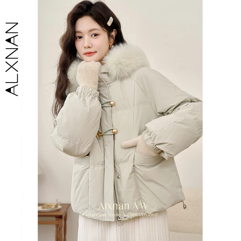 Alxnan jaqueta verde 2025 inverno feminino engrossado com capuz quente curto para baixo jaquetas 90 pato branco gola de pele real casacos l51105