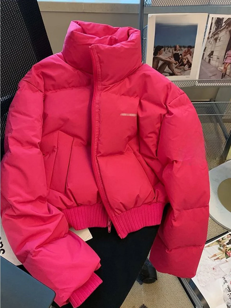 Premium ort Cotton Jaet Women's plus Size Pink Bread Coat Thiened Straight Tube Commute Sle Zipper Closure Pure Color