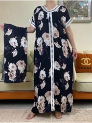 2023Muslim Fashion  Summer Short Sleeve Dresses Floral Print Colorful Boubou V-Neck Maxi Islam Women Dress African Abaya Clothes