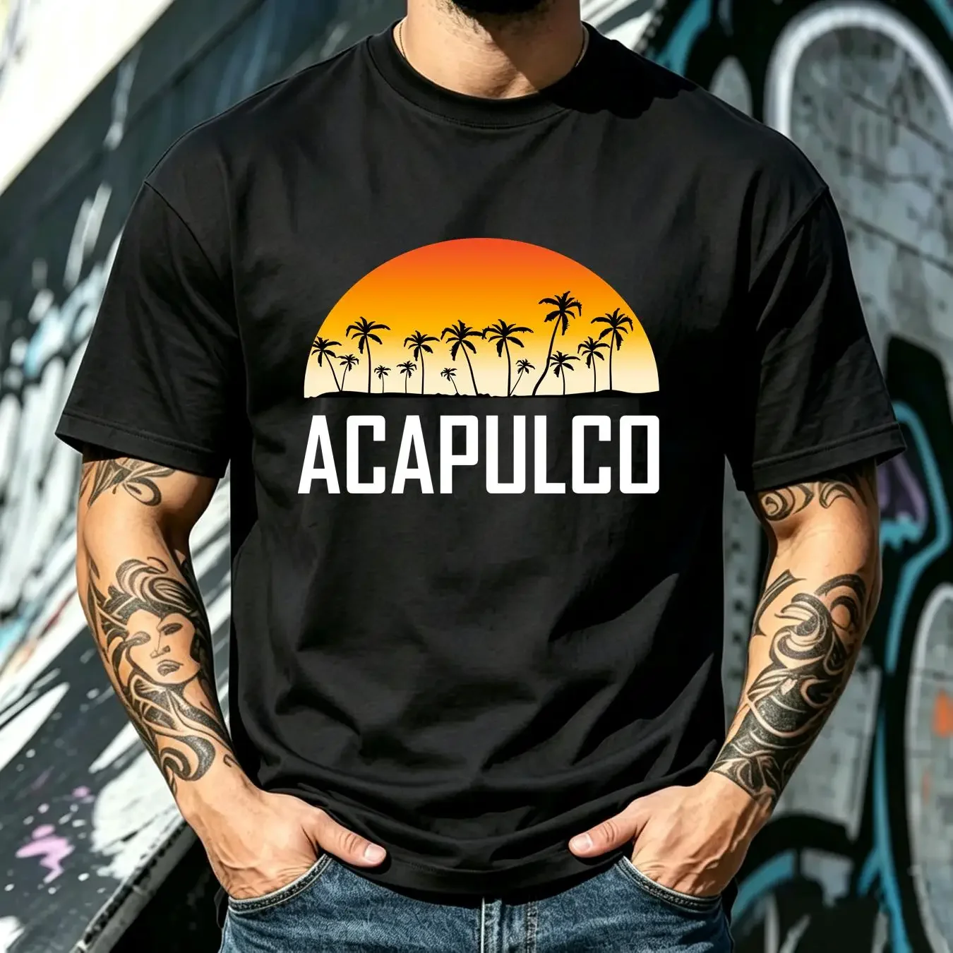 washed T Shirt Acapulco Mexico Sunset And Palm Trees Beach Vacation vintage Washed Stylish Unisex fashion designer clothes