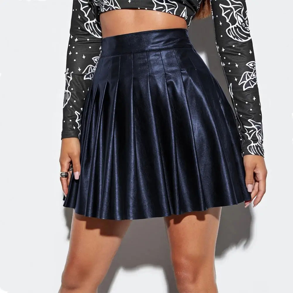 

Women Pleated Skirt Faux Leather High Waist A-line Loose Hem Clubwear Party Dance Skirt Above Knee Length Mini Skirt Minifalda