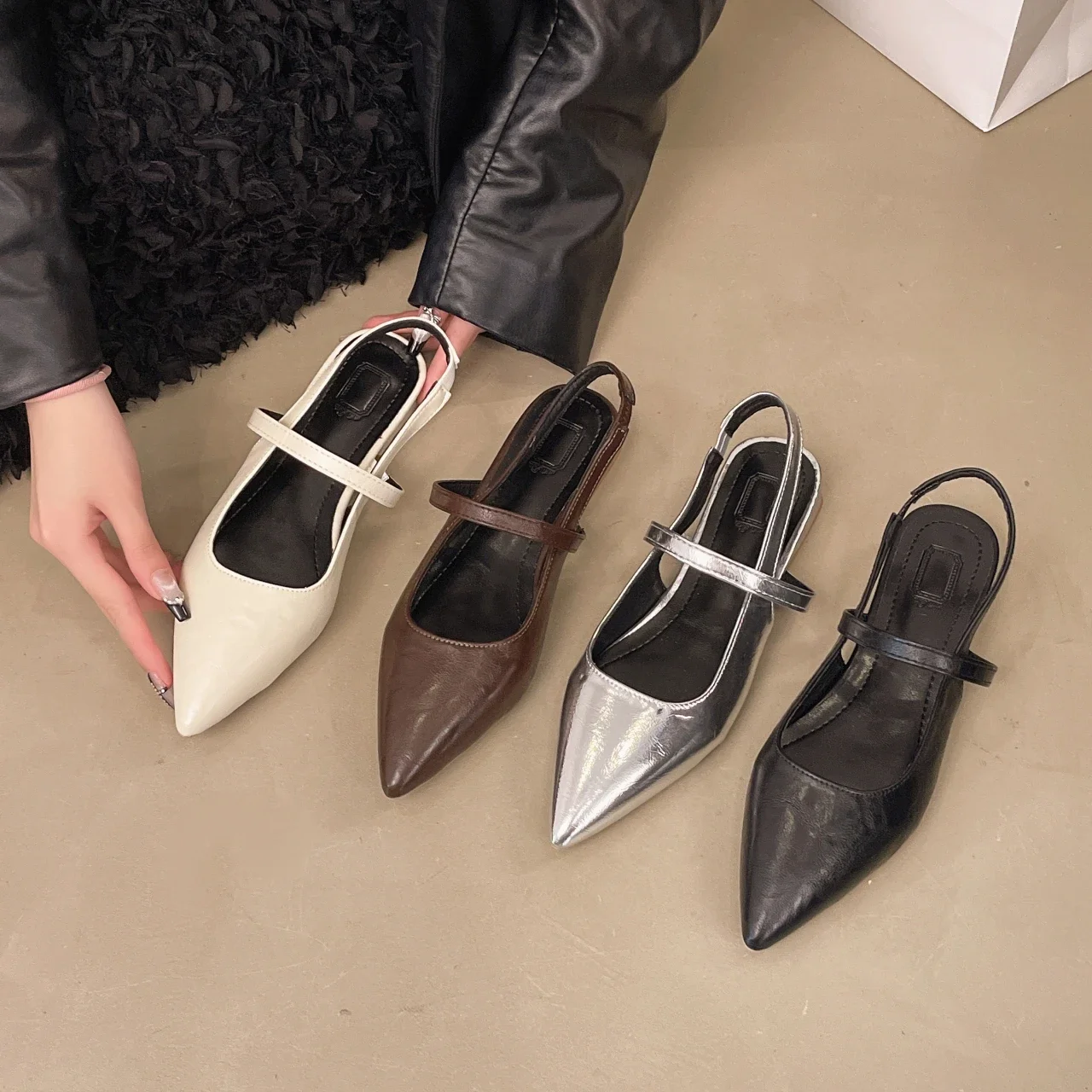 New Women Baotou Patent Leather One Line Buckle Strap Cat Heel Sandals Female Sexy Black Silk Pointed Thin Heel Flat Shoes