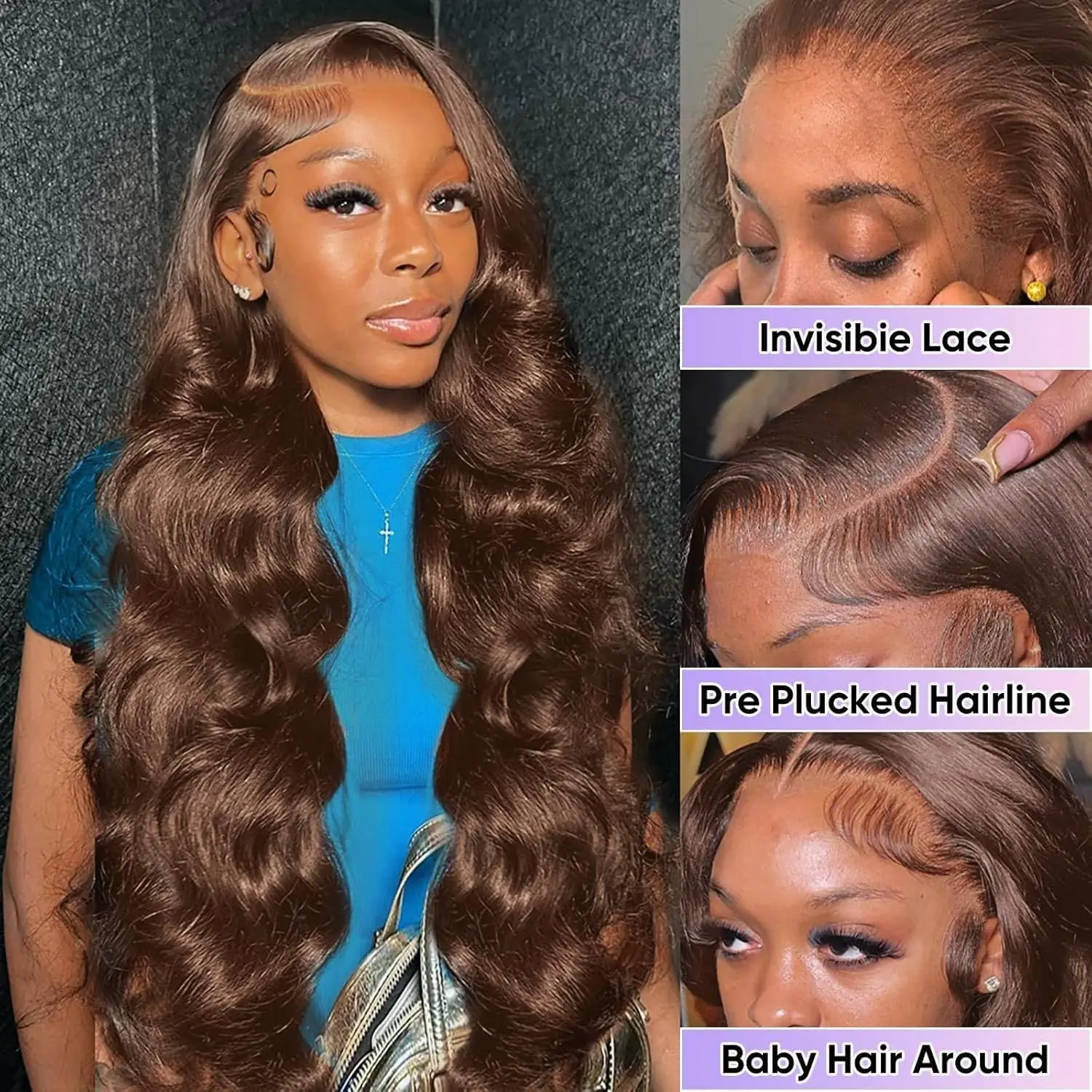 28 Inch Chocolate Brown Lace Front Wig Human Hair Pre Plucked 13x4 Hd Lace Body Wave Frontal Wigs Human Hair 4# Brown Colored Wigs Human Hair 200% Density Glueless Wigs 13x4 Chocolate Brown Human Hair Wig Straight Body Deep Wave Lace Front Wigs