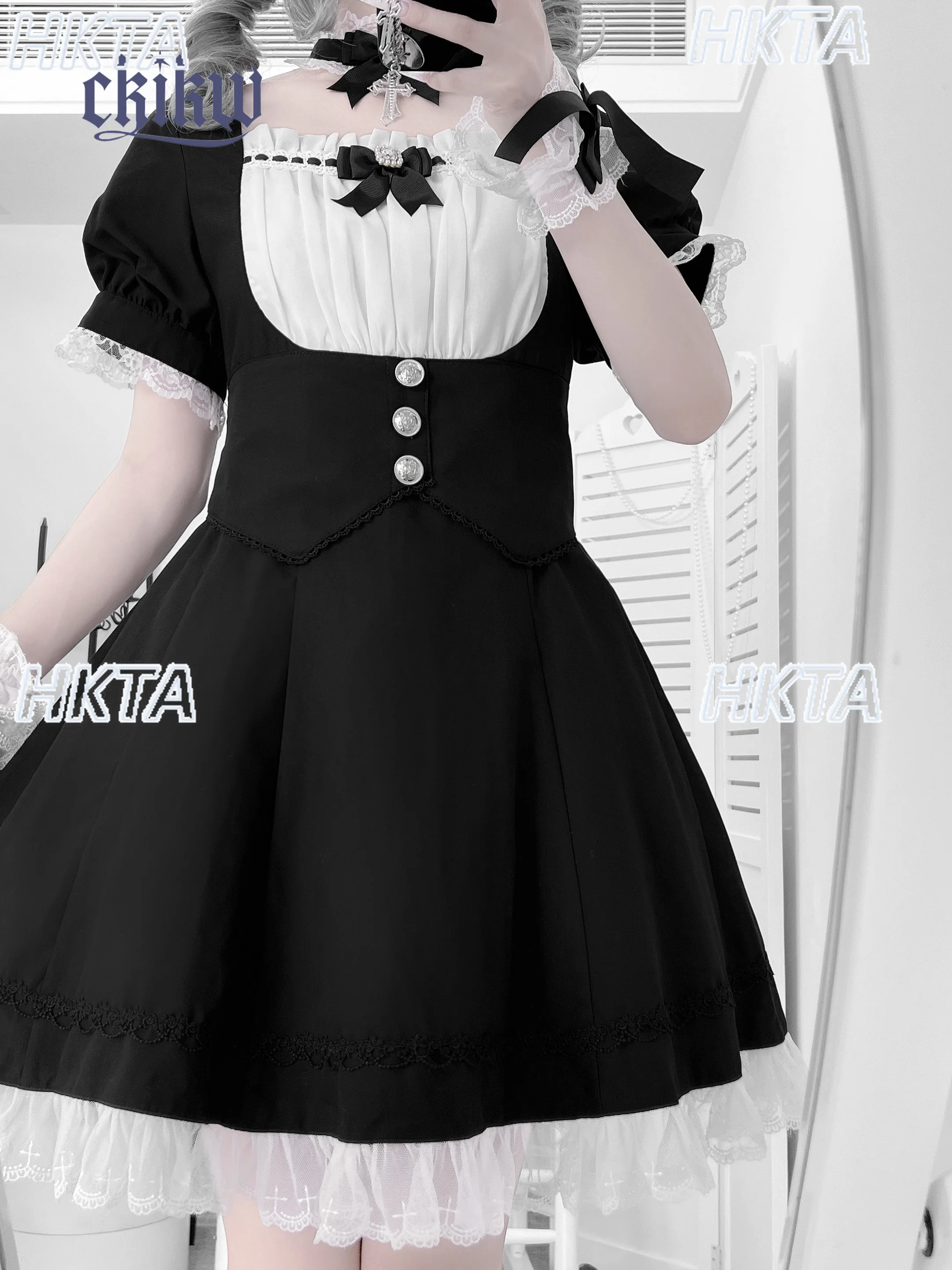 일본 서브컬쳐 버블 반팔 스퀘어넥 하이웨이스트 레이스 스티치 로리타 드레스 여성용 스윗 보우 블랙 앤 화이트 드레스