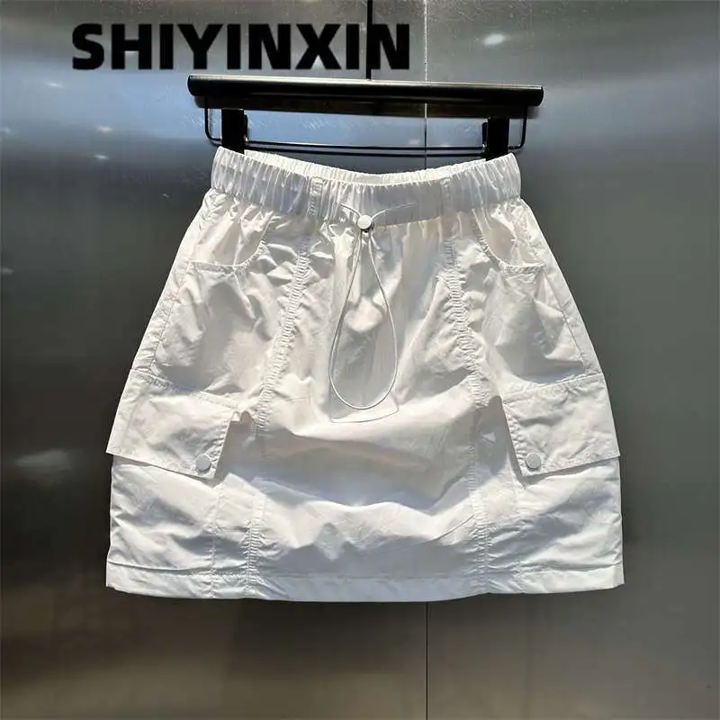 2024 Summer Women's Casual Fashion Elegant Commuting Solid Color Pocket Drawstring Elastic Waist A-line Half body Bag Hip Skirt