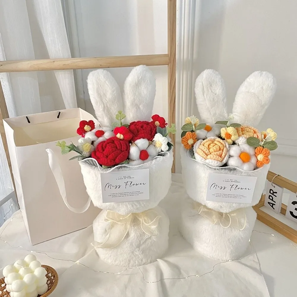 Hasenohren-Häkelblumenstrauß Fertiger Kreativer Blumenstrauß Handgefertigt mit Geschenktüte Künstliche Blumen