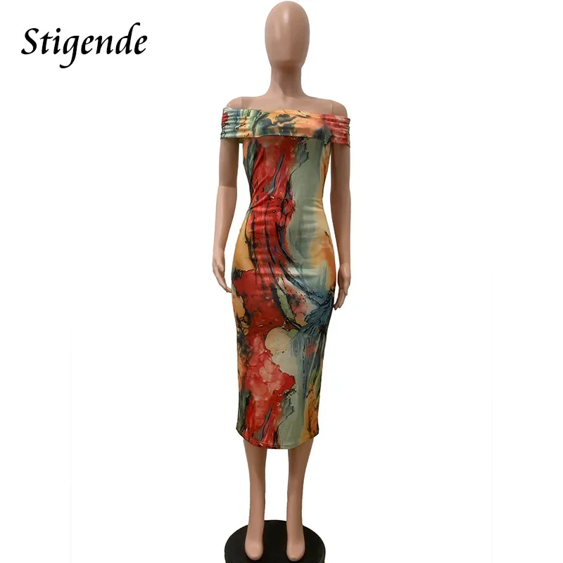 Stigende Stylish Slash Neck Skinny Midi Pencil Dress Women Sexy Off Shoulder Tie Dye Print Dress