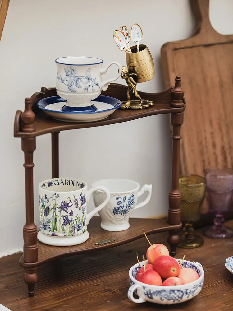 French retro two-layer shelf afternoon tea cake desktop display rack living room wall storage cup and saucer finishing rack
