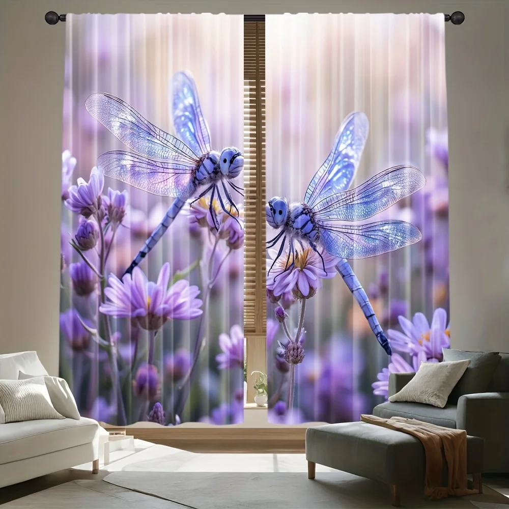 Vibrant Purple Floral Butterfly Dragonfly Art Print Window Curtains for Living Room Home Decor Aesthetic Nature Drapes
