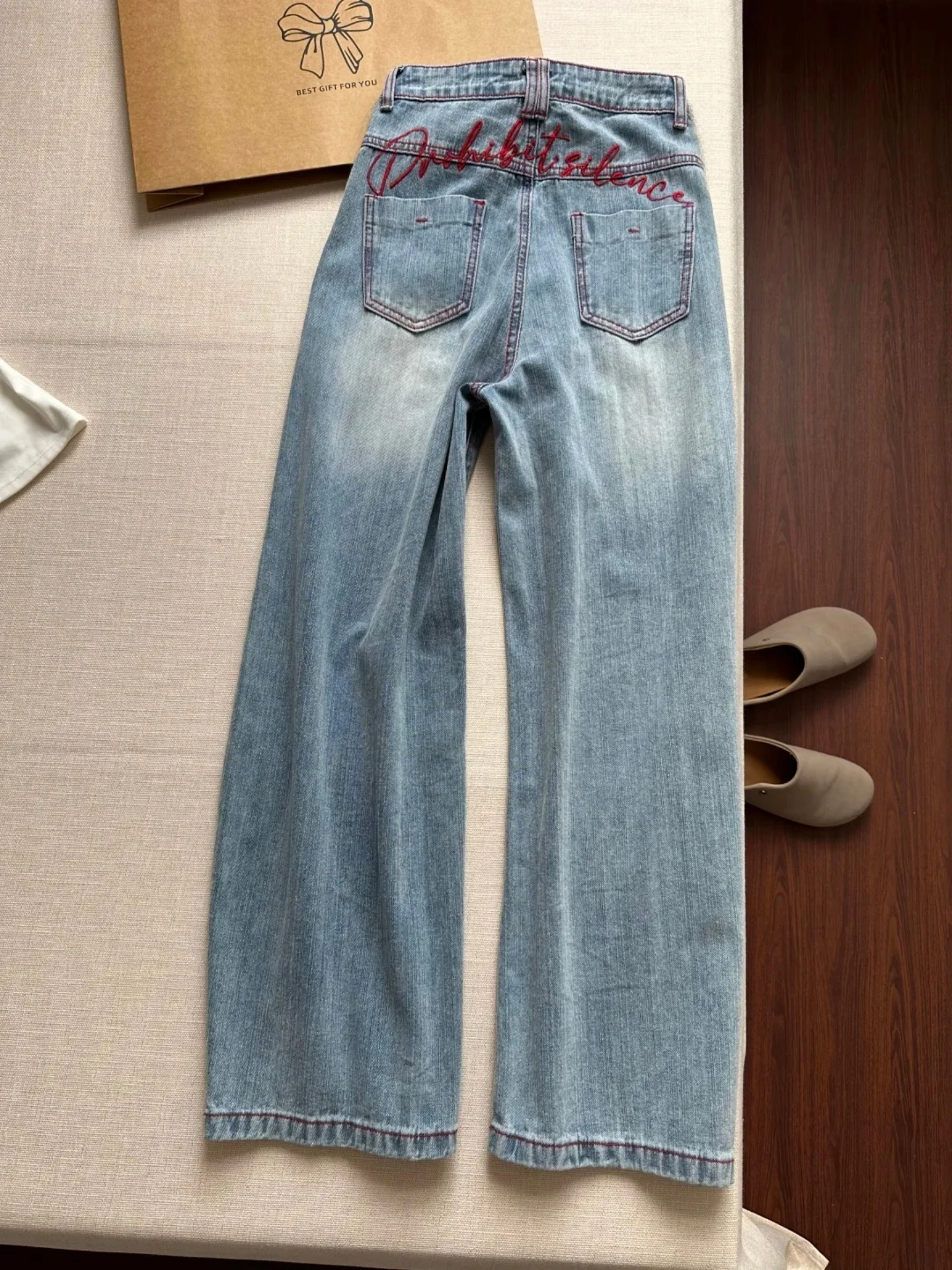 

Retro American Washed Light Blue Embroidered Knife Jeans Women Summer High Waist Wide Leg Loose Slimming Casual Denim