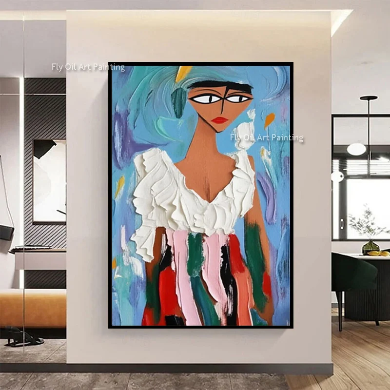 Hand Painted Abstract Blue White Artwork Special Design Pink Brown Women Portarit Oil Painting On Canvas Simple Home Wall Decor