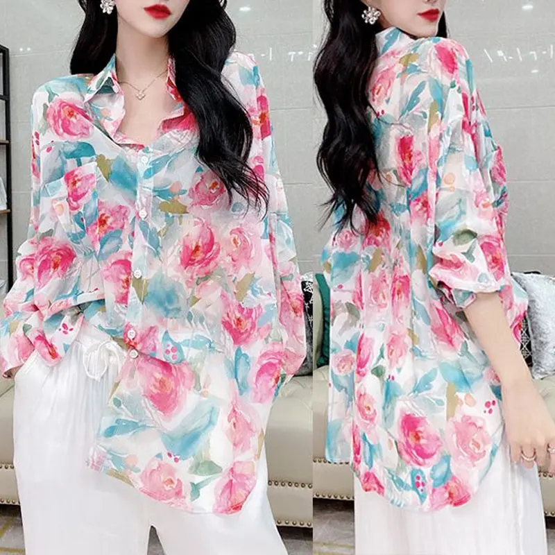 Office Lady Vintage Floral Printed Shirt Fashion Pockets Spliced Spring Summer Contrasting Colors Women\'s Single-breasted Blouse