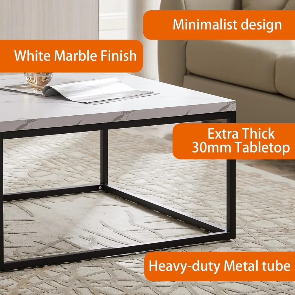 Nowoczesny industrialny stolik kawowy z marmurowym akcentem, rozmiar 30x30, gruba biała marmurowa blacha do salonu