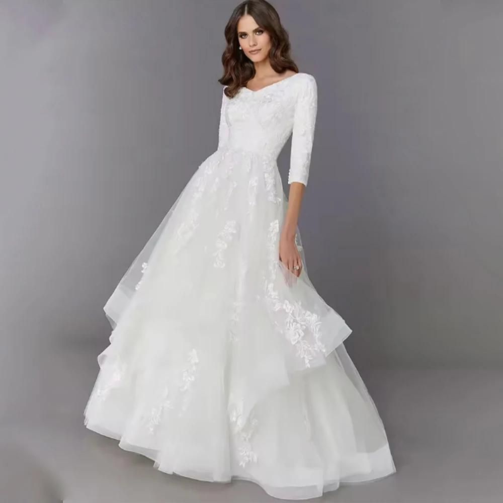 

Exquisite Wedding Dresses A-line V-Neck Three Quarter Appliques Ruched Brush Train Tulle Bridal Gown Customized robe de mariée