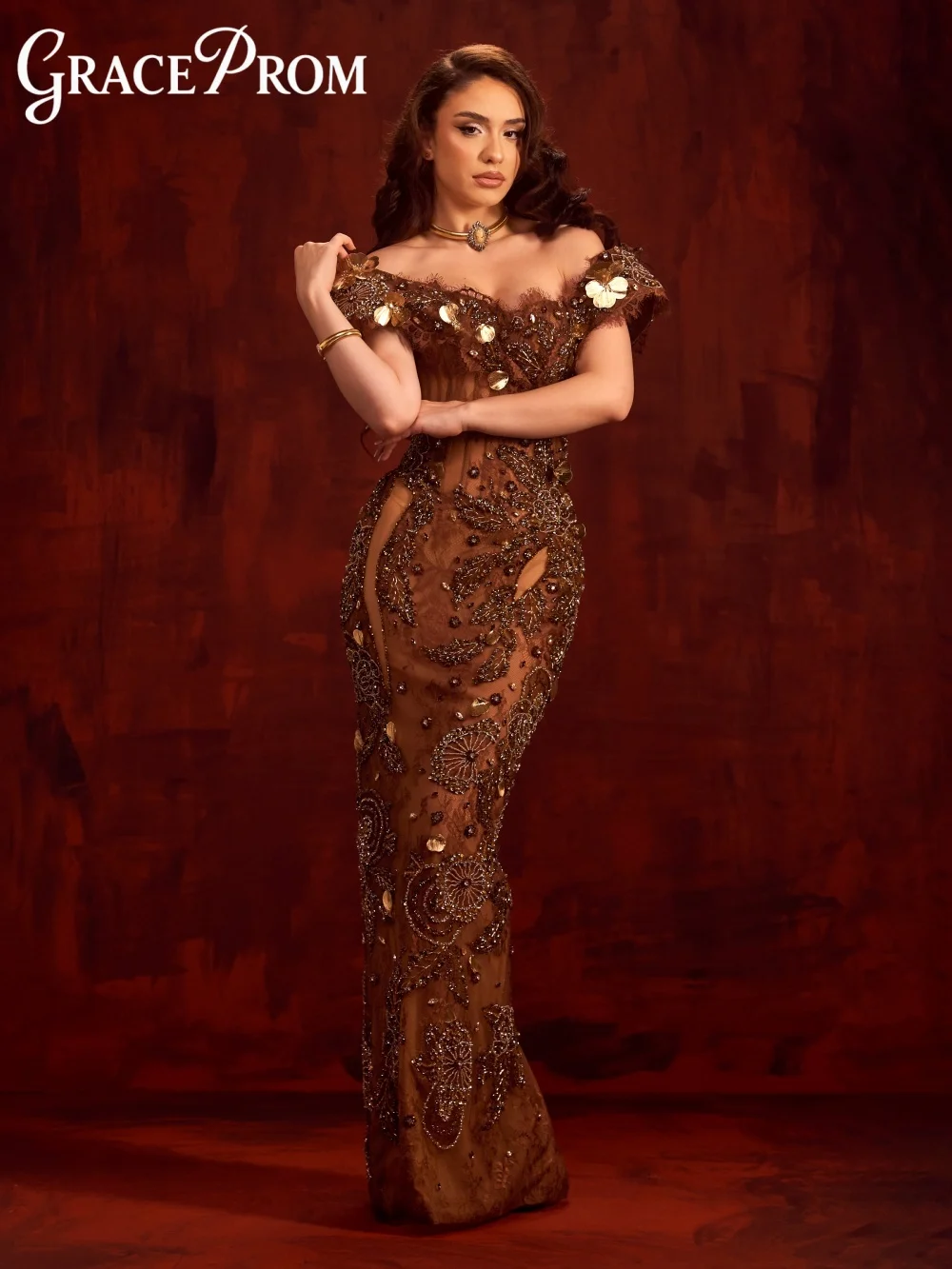 Gracepprom fora do ombro vestido de noite 2026 requintado frisado tapete vestido moda sheer até o chão vestido de festa فسات evimavera