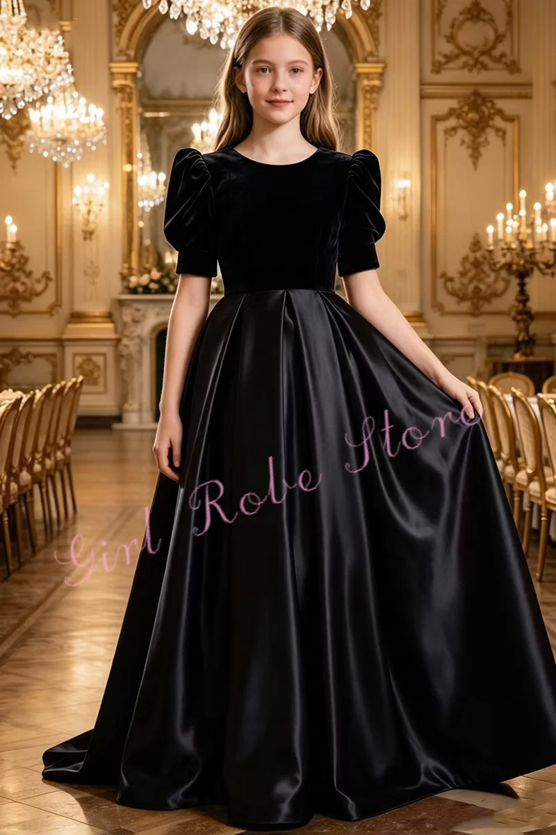 Elegant Black Flower Girl Dress Floor Length Short Puff Sleeves Simple Princess Graduation Birthday Photo Shoot Gown Customized