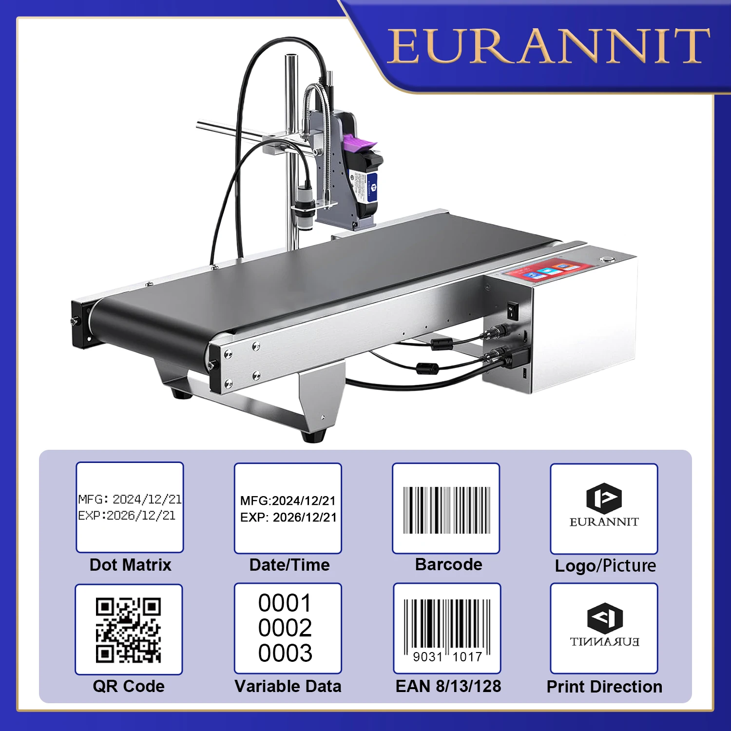 EURANNIT 12.7/25.4mm E30 4.3-inch Screen All-in-one Automatic Transfer Inkjet Printer Text QR Barcode Batch Number Logo Date
