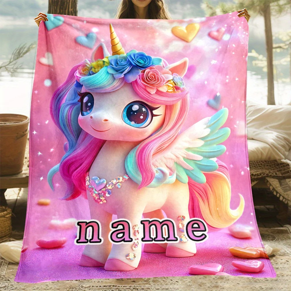 Customizable Unicorn Blanket with Sparkling Rainbow Mane, Soft and Lightweight Pink Flannel Blanket, Personalized Name Options