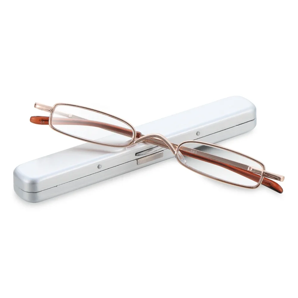 1PC +1.0~+4.0 Slim Small Mini Metal Reading Glasses With Case Portable Light Weigh Resin Lens Presbyopic Eyeglasses Vision Care