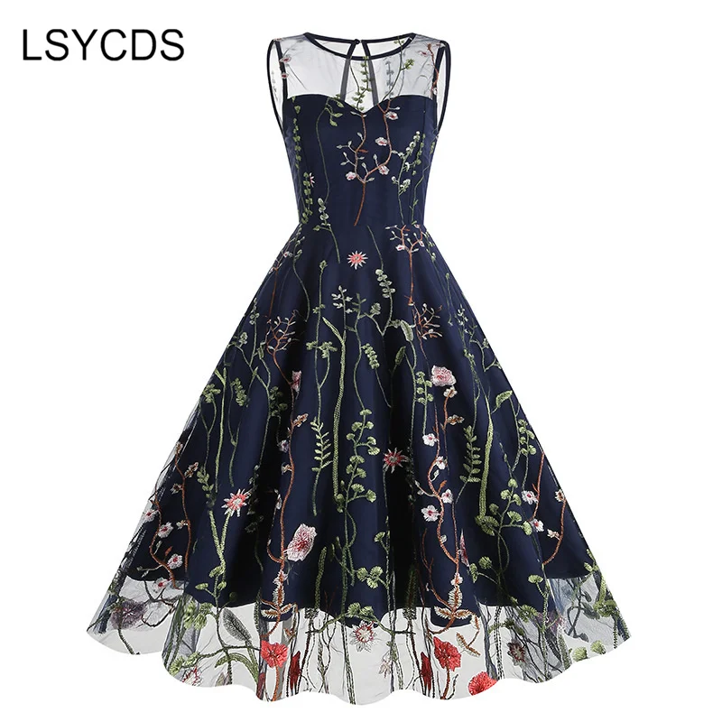 LSYCDS Elegant Summer Dress for Women Vintage Lace Embroidery White Black Blue Robe Femme Casual Woman Party Dresses 2024