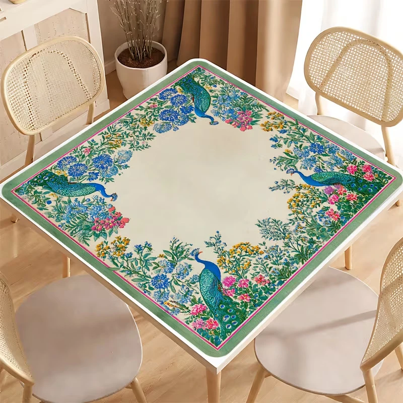 VIKAMA Tropical Peacock Floral Crystal Velvet Mahjong Mat Silent Non Slip Soft Foldable American Mahjong Poker Home Decor