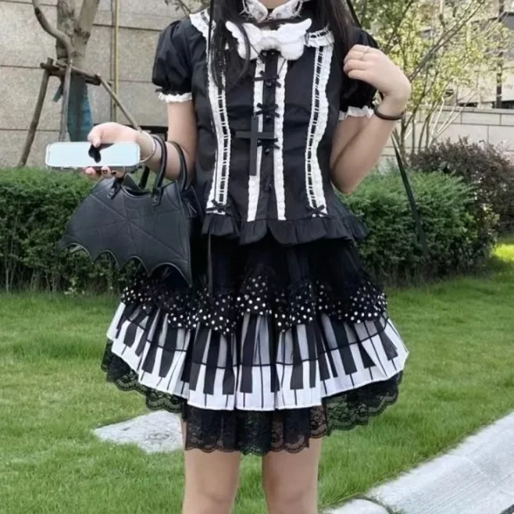 

Punk Black White Piano Keys Skirts Sweet Lace Ruched Cake Skirt for Women Y2k High Waist All-match Faldas Mujer 2025