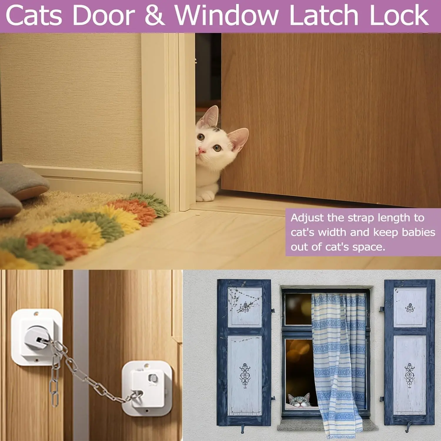 Child Proof Door Lock, Adjustable Latch, Cat Door Latch, 3M Adhesive, For Baby, Dementia & Pets, No Tools Needed