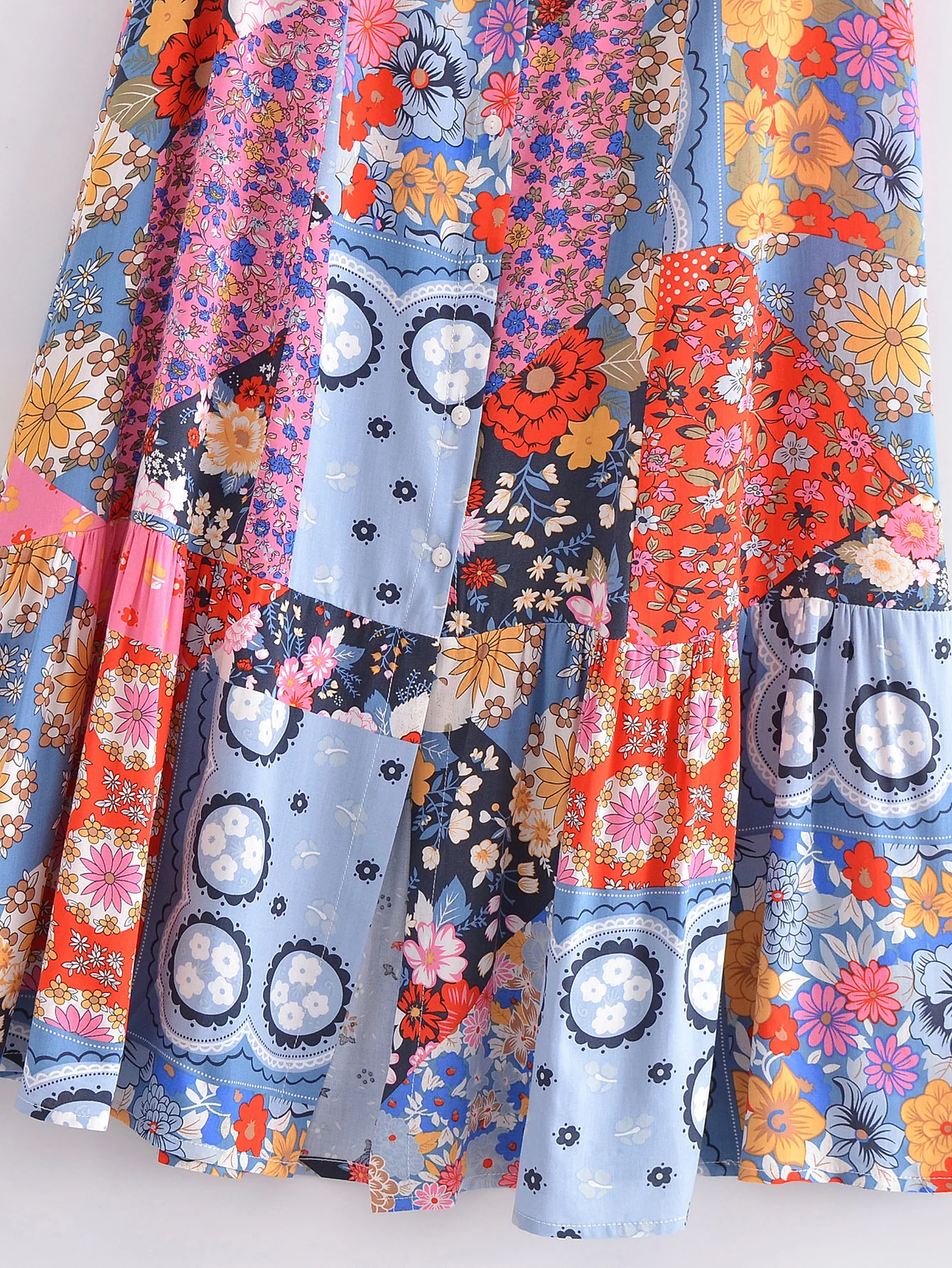 2023 BOHO Contrast Color Flower Print Midi Long Sling Dress Hippie Women Single-breasted Buttons Ruffles Hem Slit Robe Holiday