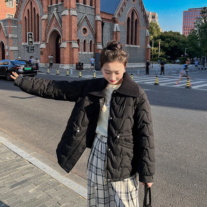 

Faux Fur Collar Collar down Cotton Outerwear Trendy Women's Coat Korean Sle ort Cotton Jaet Dstring Waistline