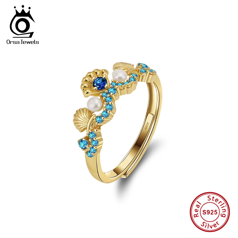 ORSA JEWELS 925 Sterling Silve Charm Shell Finger Ring with Natural Pearls for Women Adjustable Blue Zircon Sweet Present GPR23