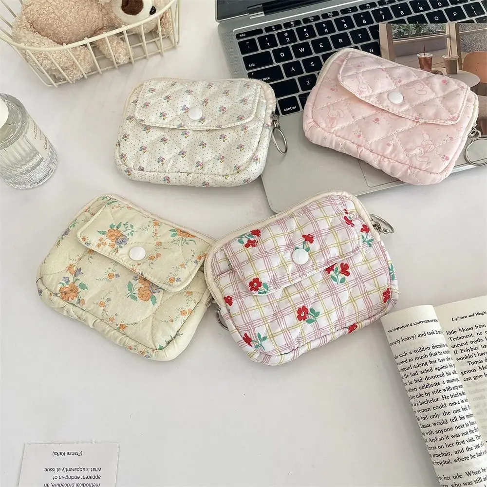 Kawaii Floral Coin Purse Korean Style Cartoon Printing Small Makeup Lipstick Bag Jewelry Packing Bag Card Holder
