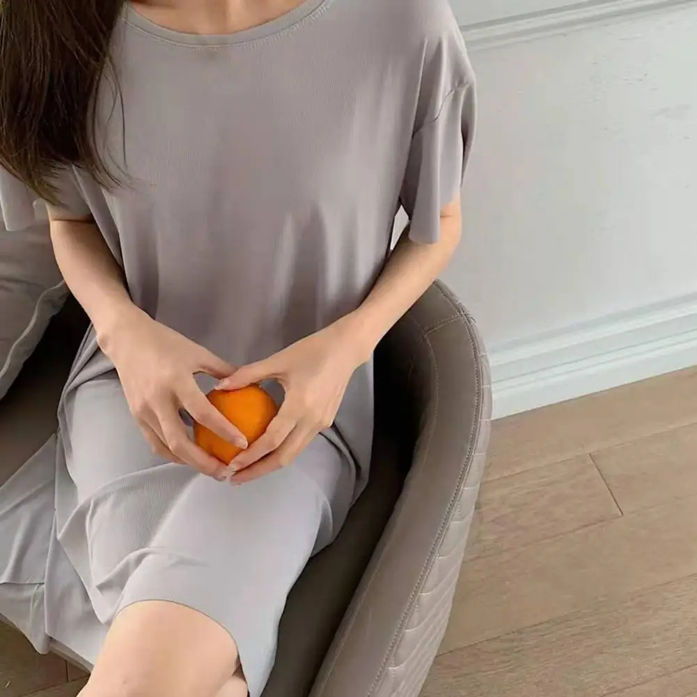 

Dress Elegant Knee-length Nightdress for Women Soft Ice Silk Pajamas with Short Sleeves Homewear Dress Solid Color Loose Fit