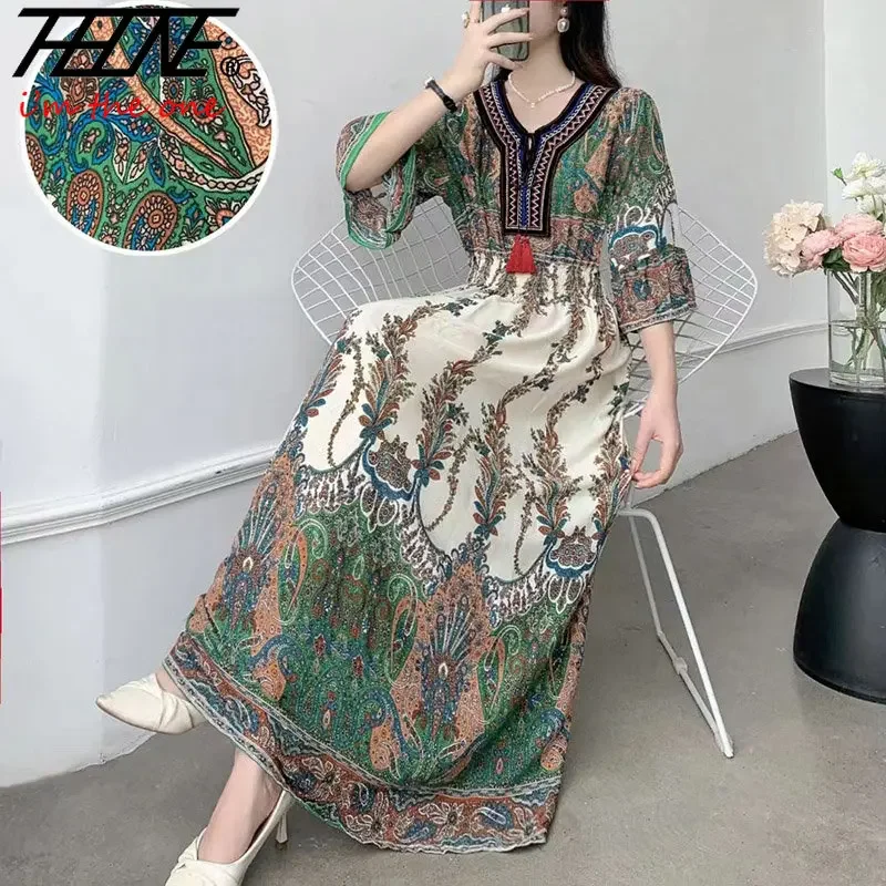 THHONE Long Dress Women Indian Clothes Bohemian Korean Embroidery Floral Cotton Linen Maxi Print Casual Vintage Vestidos Robe