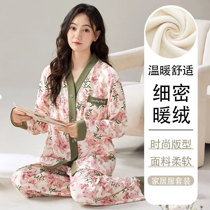 Pijama fino de lã para mulheres, fofo e doce moda japonesa, quimono com gola V, conjunto caseiro sul-coreano, outono e inverno