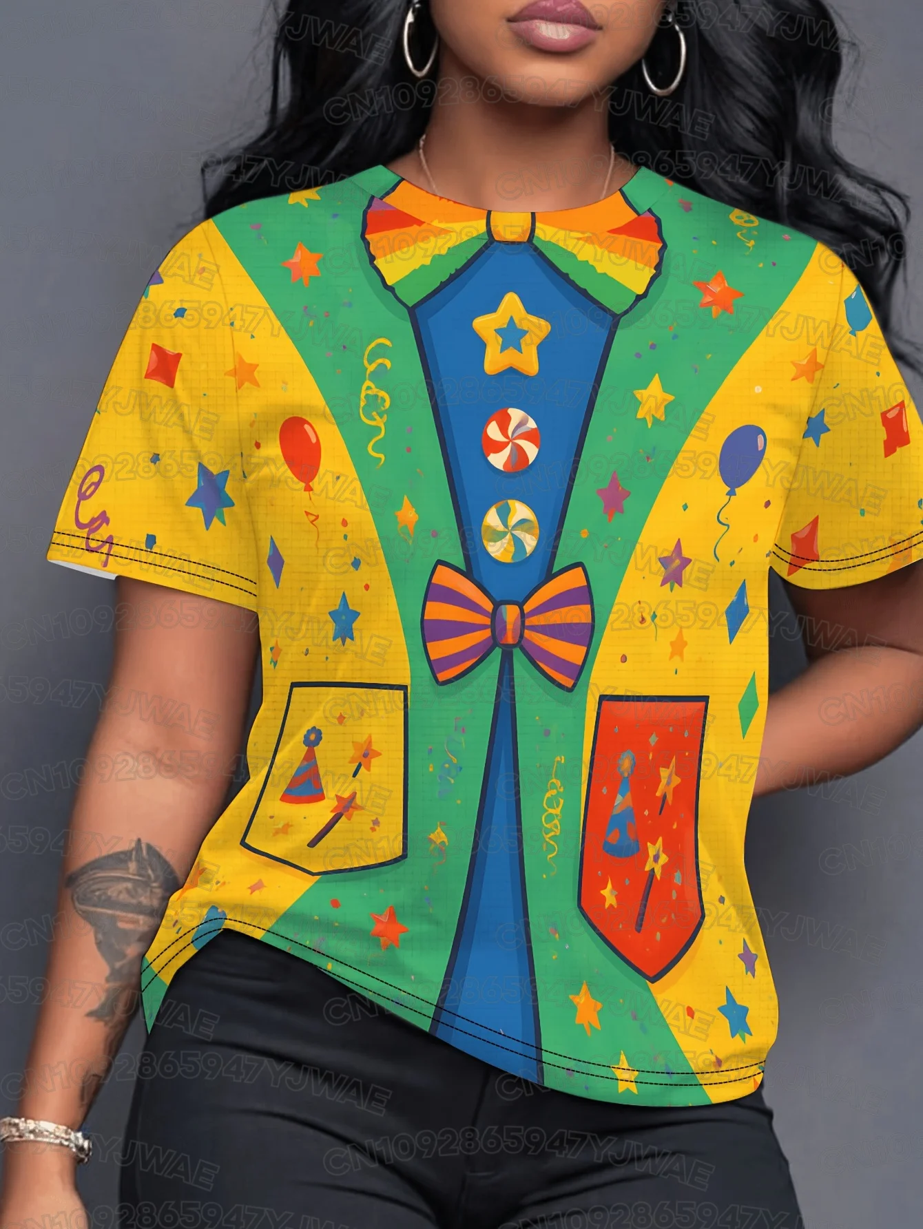 Summer Women's Clown Print Short Sleeve T-Shirt Clown Suspenders & Bow Tie Casual Crew Neck Casual Attire Top