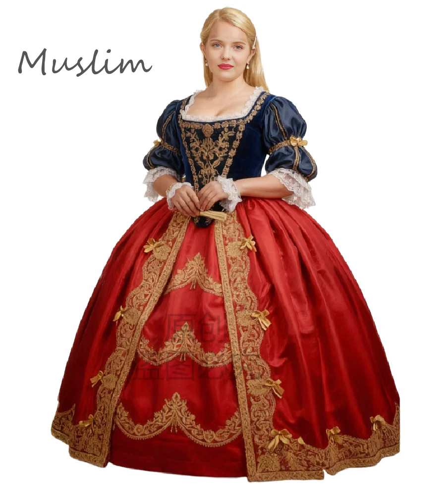 

Aristocratic Navy With Red Renaissance Everning Dress With Gold Lace Squre Neck Short Medieval Prom Dress 2026 Costume Formal