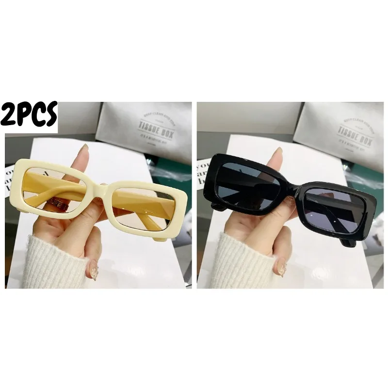 2PCS Sunglasses Fashion Plastic Small Rectangle Sunglasses Colorful Frame Shades Travel Anti Glare Eyewear Party Cosplay Decor