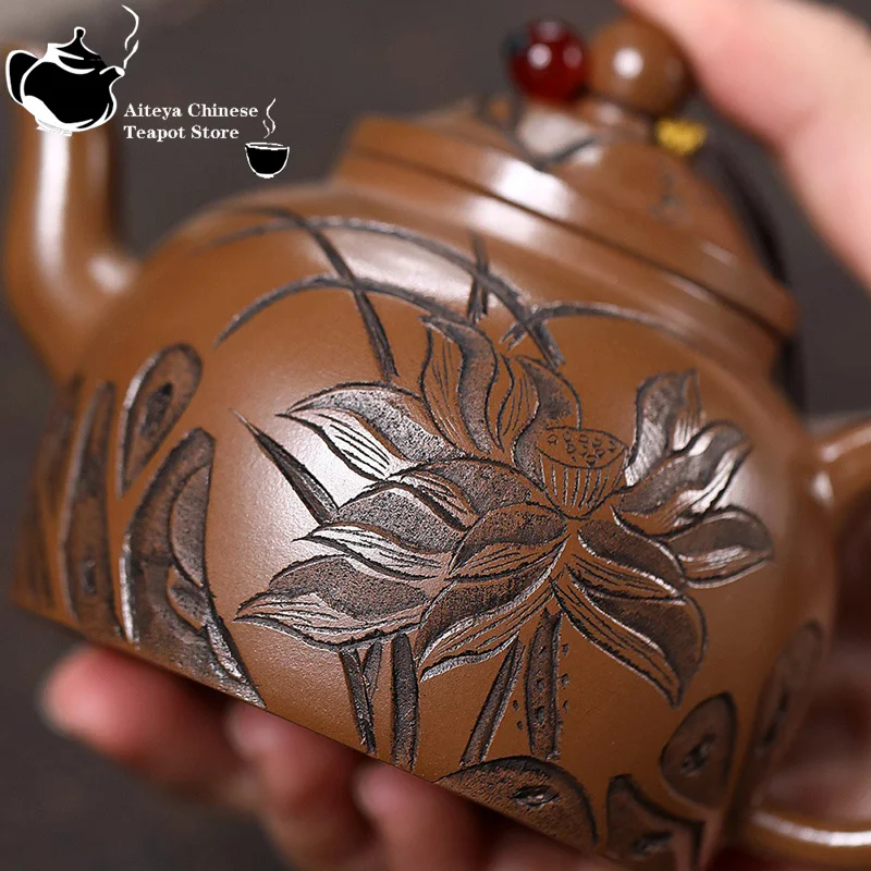 Bule de argila roxa Yixing, minério original, ouro vermelho, argila vermelha, fragrância de lótus, bule de lanterna de palácio, conjunto de chá kung fu