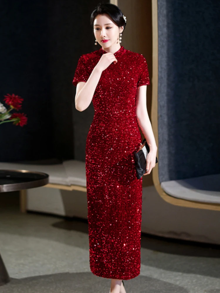 

Элегантное длинное бархатное платье-ципао с пайетками и вышивкой, с коротким рукавом, для свадьбы, с низким разрезом, в китайском стиле, для мам