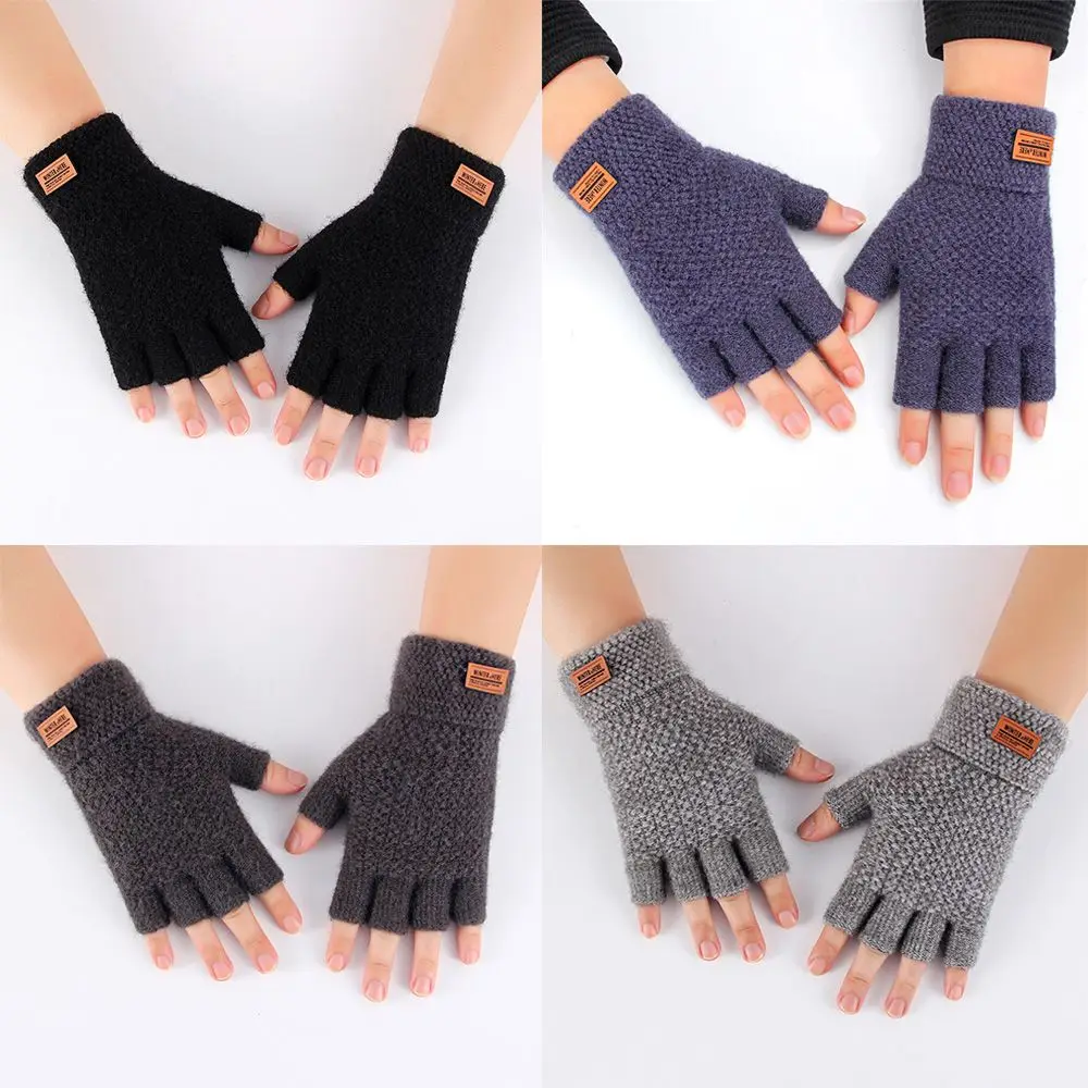 

Эластичные зимние теплые перчатки с кожаной этикеткой для вождения, варежки с полупальцами, перчатки без пальцев, вязаная шерсть альпаки