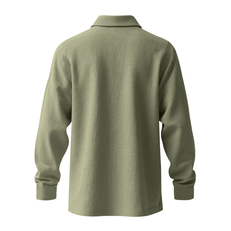 Leinen-Hemd mit Stehkragen und Knopfleiste, Herren Locker Sitzendes Atmungsaktives V-Ausschnitt Langarm-Polohemd – Detail 36