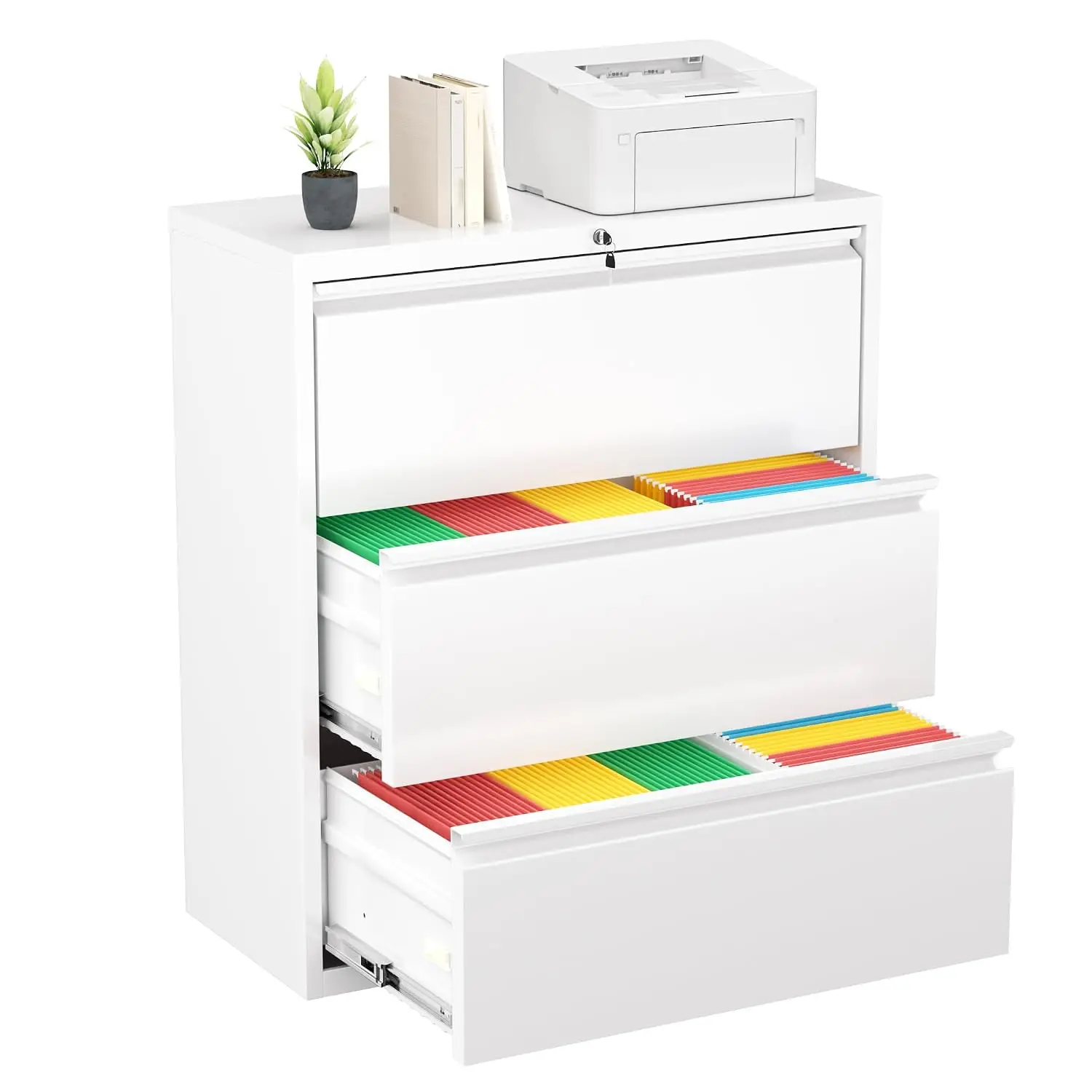 White Lateral File Cabinet with Lock, 3 Drawer Metal Storage Cabinet for Home Office, Legal Letter A4 F4 Size, Customized