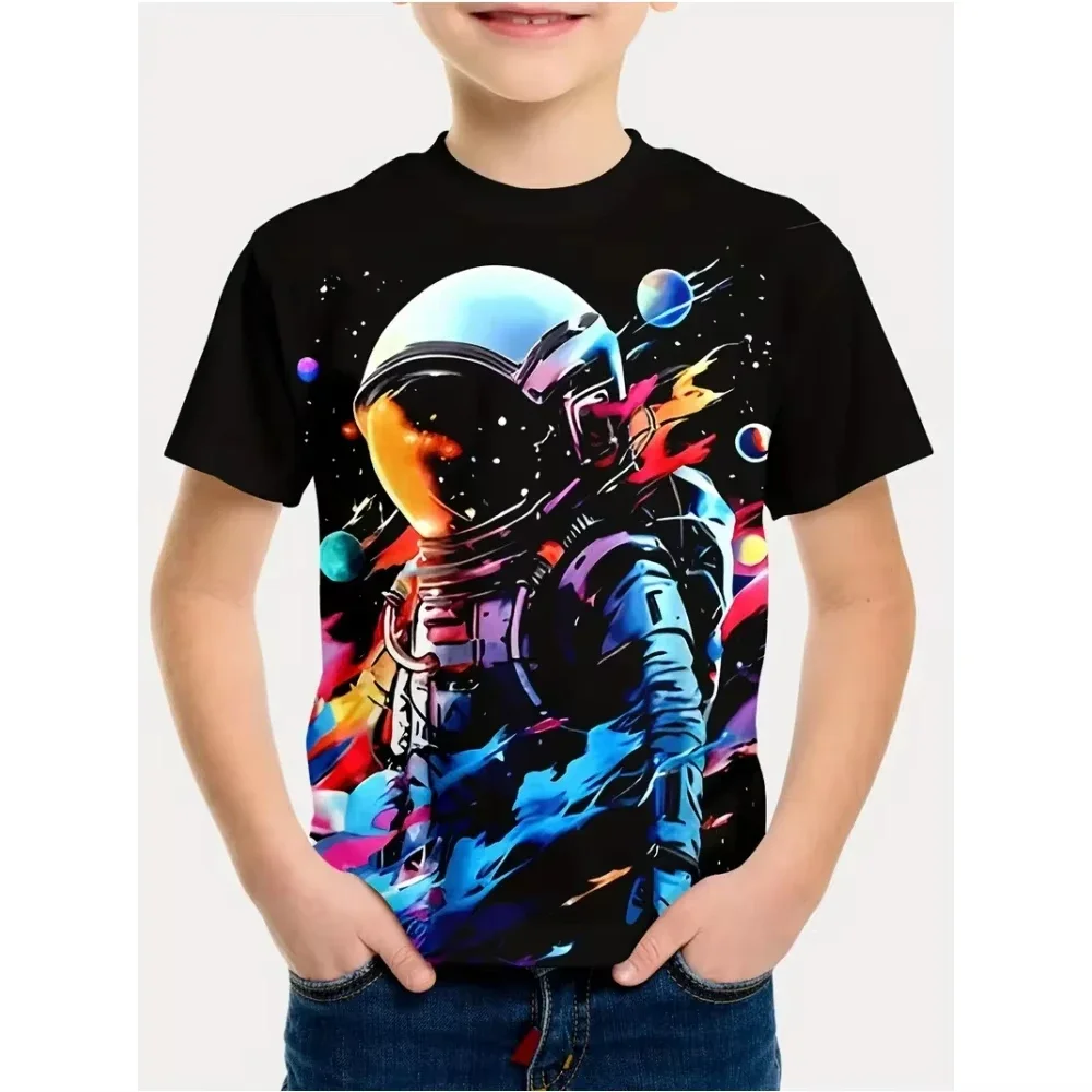 Jungen Kinderkleidung Stylische Cartoon-Weltraum-Astronauten-Grafik T-Shirts Jungen Mädchen Sommer Kurzarm Outdoor Kinder T-Shirt