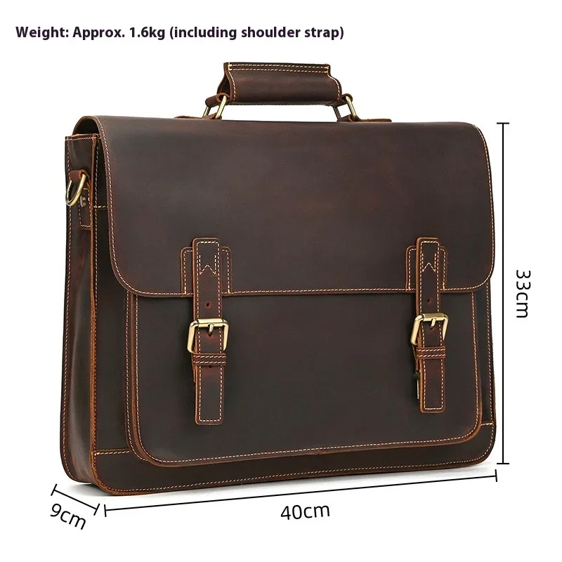 Vintage Leather Briefcase for Men with Lock Buckle, Shoulder Strap and Laptop Compartment