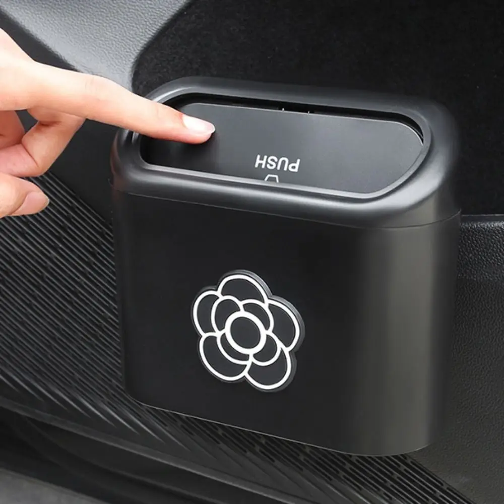 Camellia Pattern Car Trash Bin Self Rebound Cover Buckle Mounting Car Interior Storage Case Flip Cover ABS Hanging Trash Bin Car