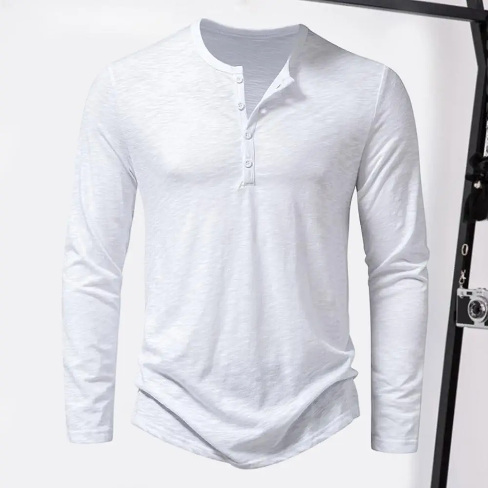 Men Autumn Winter O neck Collar Buttons Neckline T shirt Long Sleeve Solid Color Slim Fit Bottoming Tee Shirt Streetwear