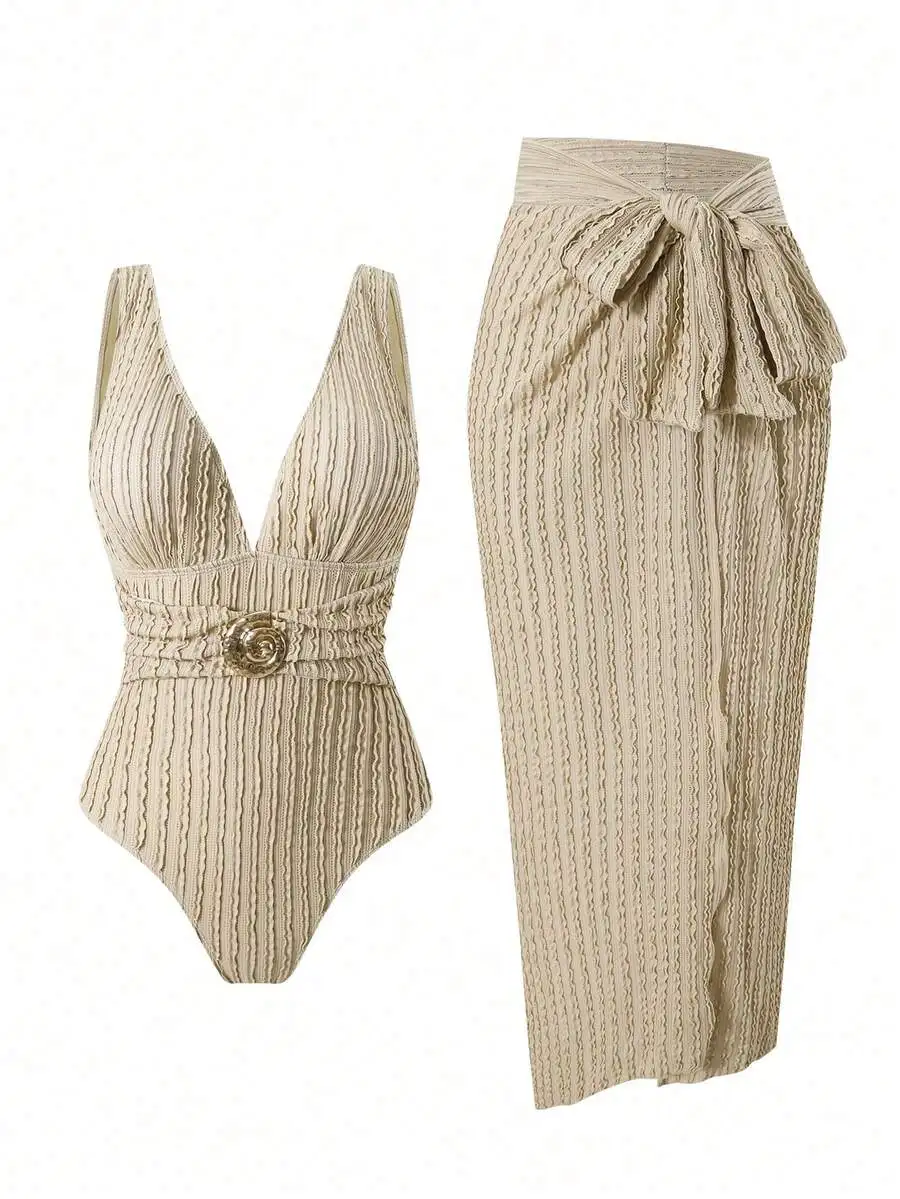 

Textured V-Neck One-Piece Swimsuit With High-Waisted Sarong Skirt Set For Women