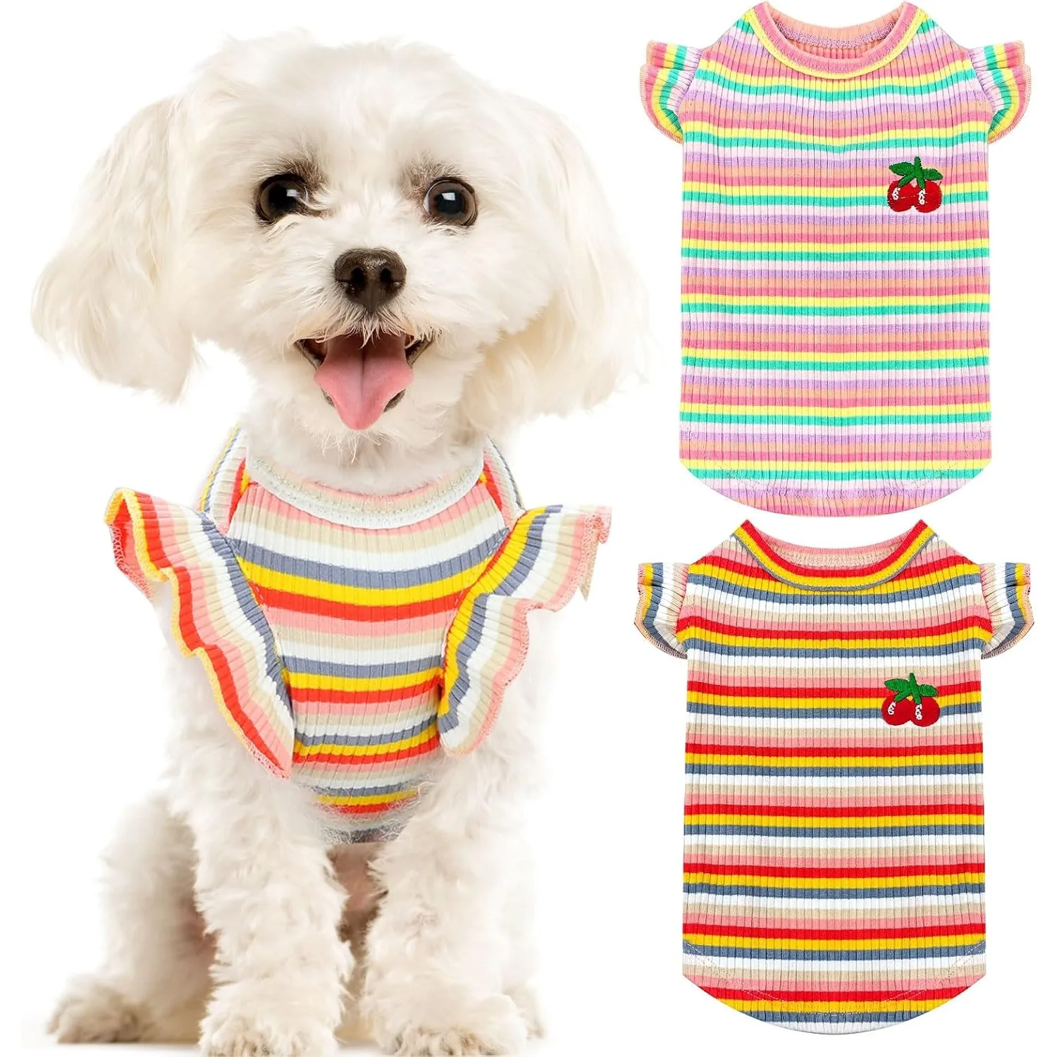 Paquete de 2 Camisetas a Rayas para Perros Pequeños, Chaleco de Algodón Suave para Cachorros, para Primavera y Verano, con Bordado de Cerezas, Rosa y Naranja