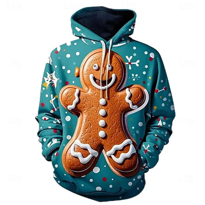 Mens Christmas Hoodie Cute 3D Print Gingerbread Santa Claus Graphic Pullovers Kids Tracksuit Cartoon Xmas Hoody Sweatshirt Tops